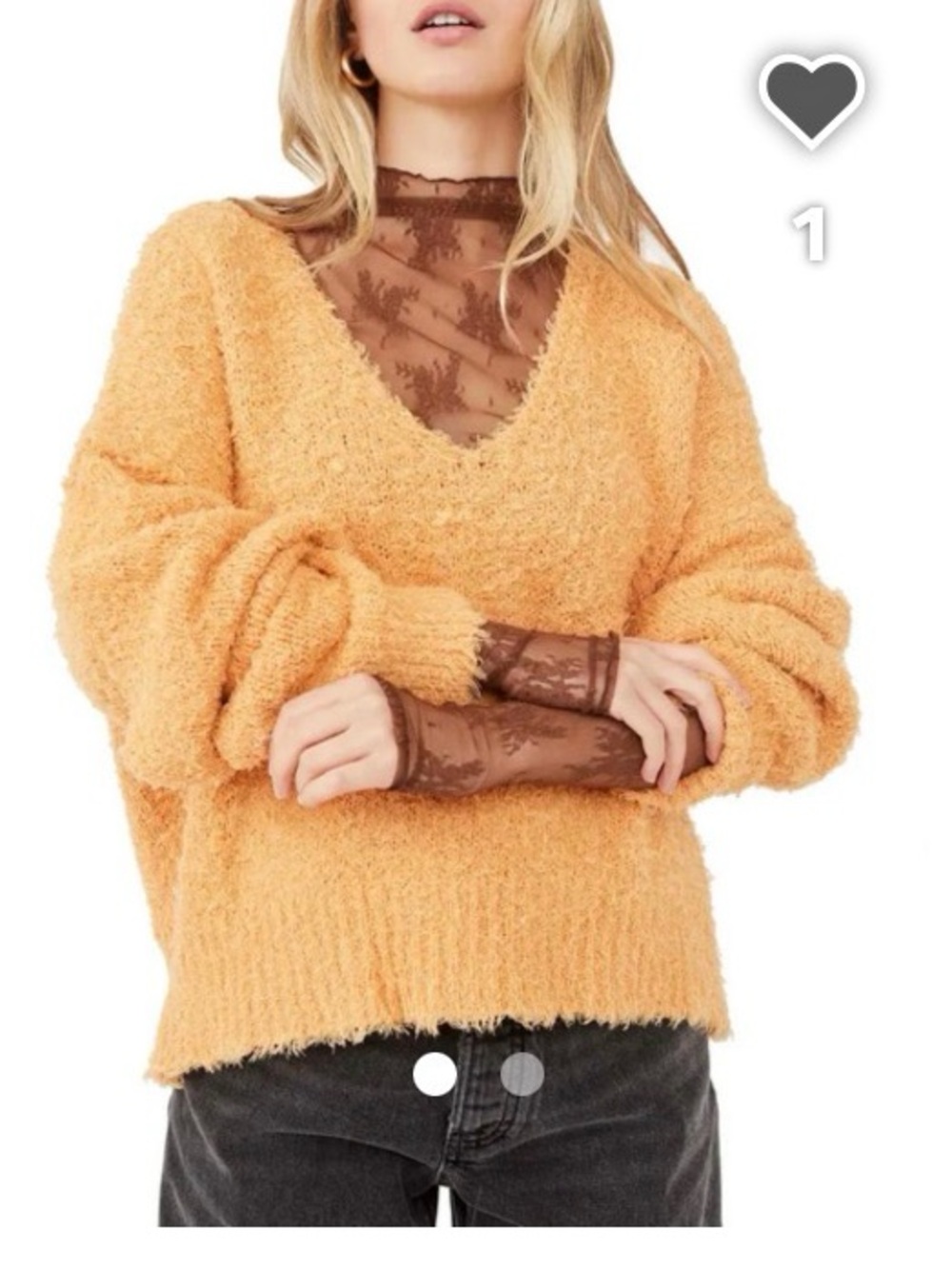 Free People Fuzzy V-Neck Sweater in Peachy Orange